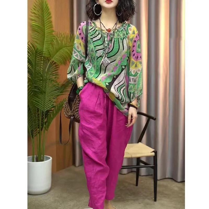 New Womens Cotton and Linen Clothing Sets Female Floral Long Sleeve Tops and Loose Pants Female 2PCS Outfits Plus Size