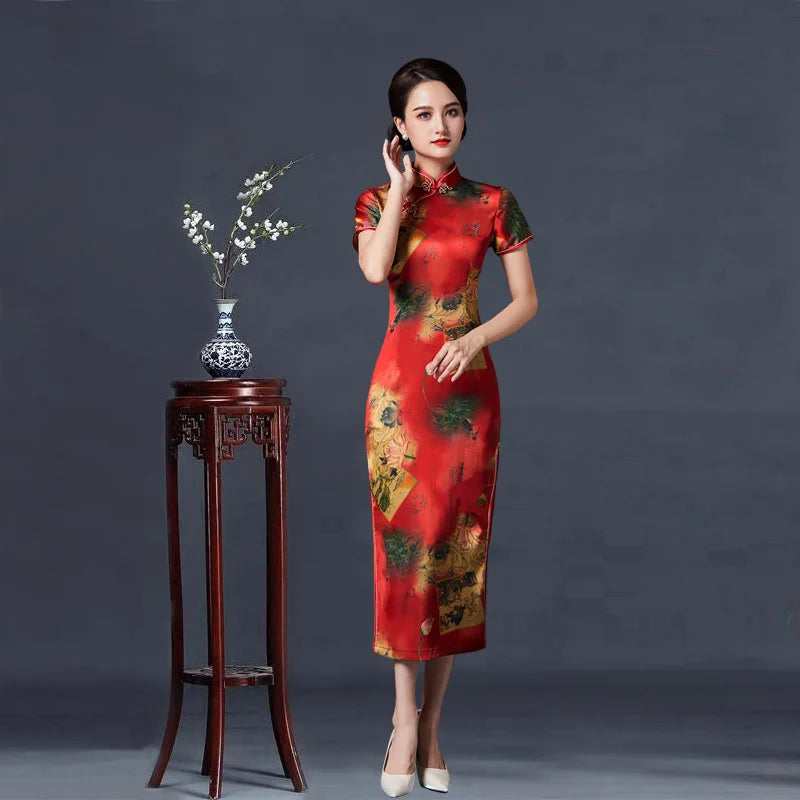 2023 New Vintage Long Cheongsam Women Sexy Slim Split Qipao Classic Chinese Traditional Dress Print Flower Evening Party Dress - Seprincess