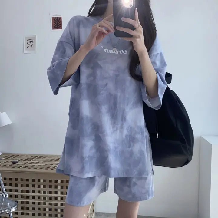 Women T-Shirt Shorts Suit Set Casual Tie Dye Loose tshirt and wide leg middle shorts with pockets female Soft Summer Shorts Sets - Seprincess