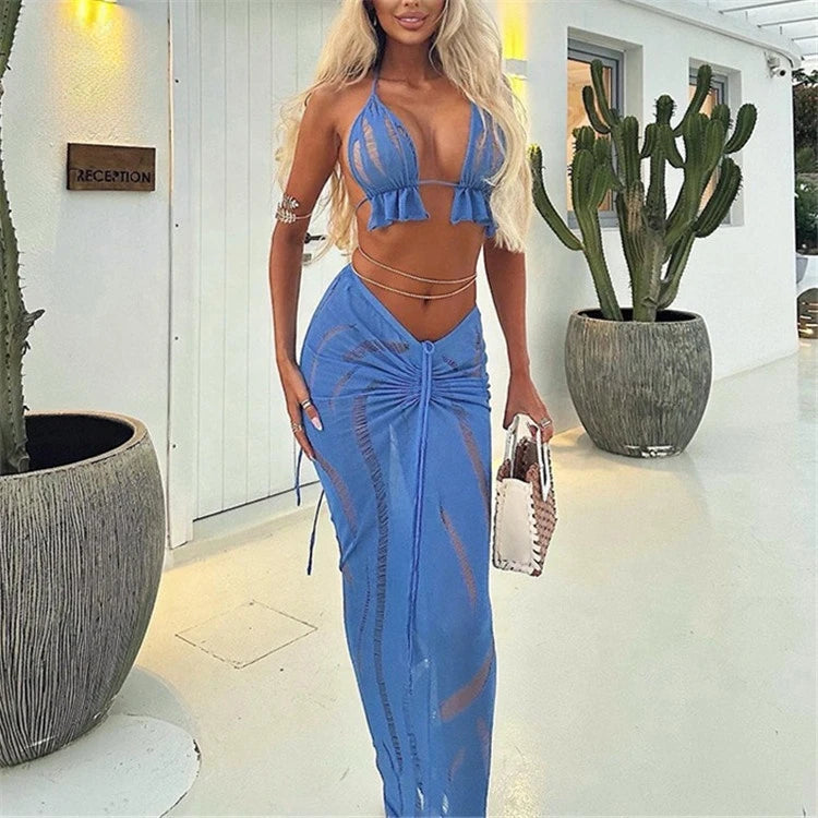 2024 Summer Women'S Sexy Hollow Mesh Beach Backless Tops Drawstring Long Skirts Elegant Sexy Party Dresses Club Outfits - Seprincess