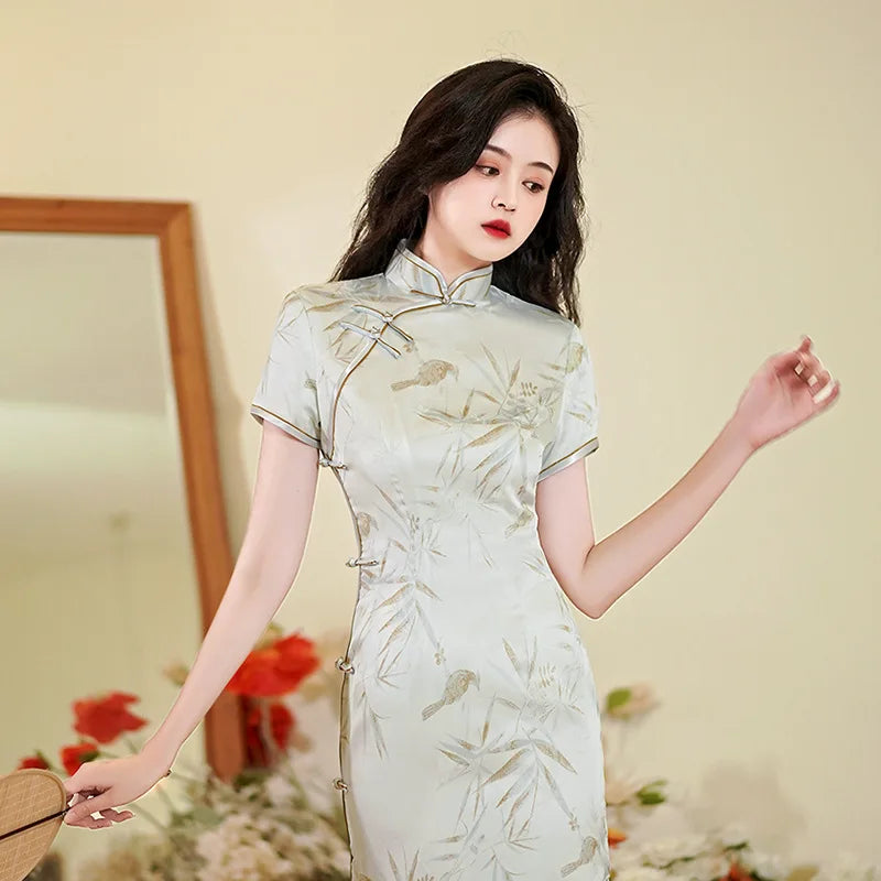 Chinese Style Dresses Women Green Print Cheongsams Elegant Chinese Traditional Dress Satin Vestido Chino Oversize 3Xl4Xl Qipao - Seprincess