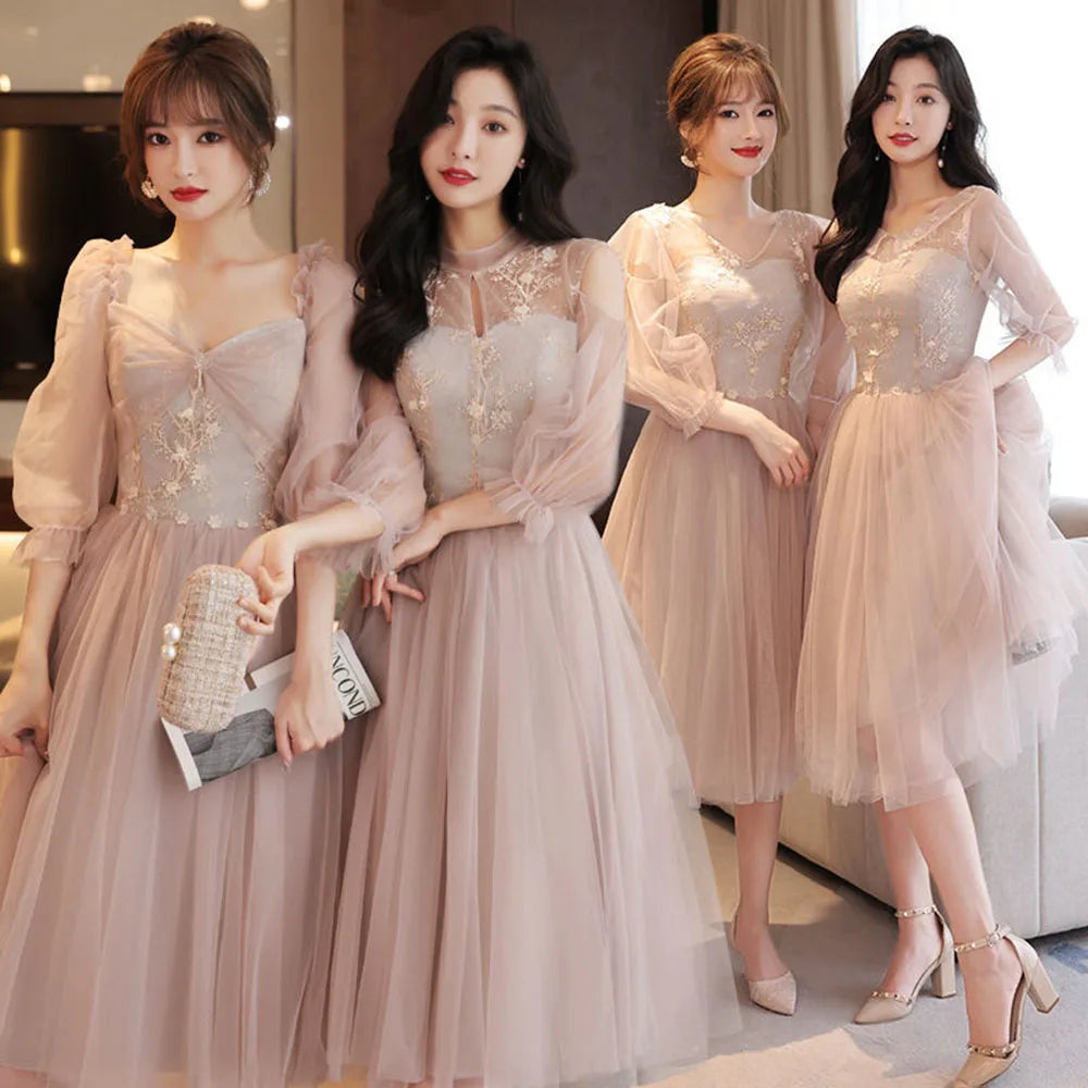 4 Styles Elegant Simple Bridesmaid Dress Women's Tulle Half Sleeves Slim Fit Design A-Line Dress Applique Wedding Party Vestido - Seprincess