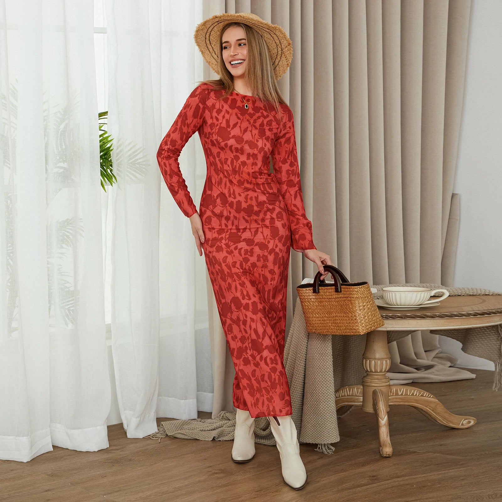 wsevypo Printed Flare Long Sleeve Elegant Party Dress Women's Round Neck Wrap Long Pencil Dresses for Work Office Streetwear - Seprincess