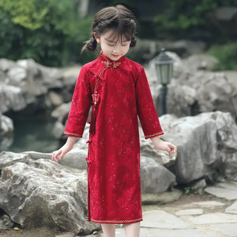 Children's Hanfu Cheongsam 2023 Autumn Winter New Retro Princess Dress Chinese Traditional Qipao Baby Girl Qipao Dress Kids - Seprincess