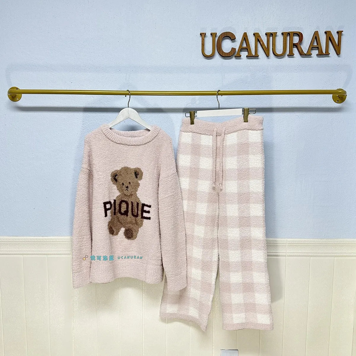 Japan Style Original New Year Teddy Bear Plaid Winter Thick Pajamas Knitted Sweaters Gown Wine Sleepwear Loungewear - Seprincess