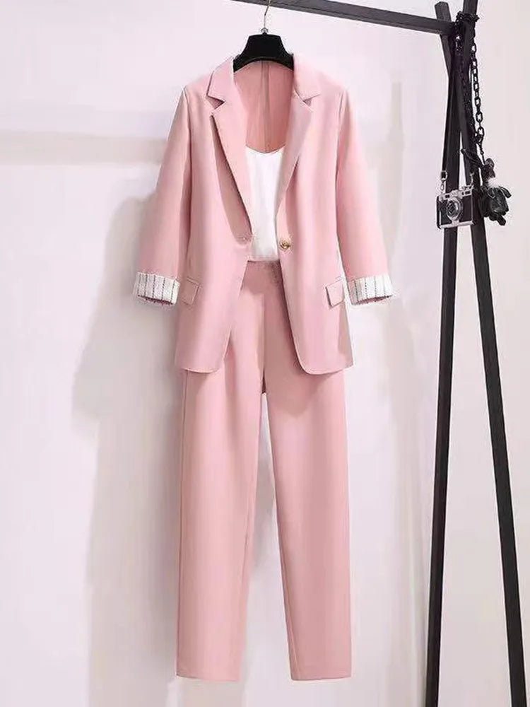 2023 spring new plus size Korean elegant women's suit female blazer leisure pants Tweed suit jacket three piece jacket pants set - Seprincess