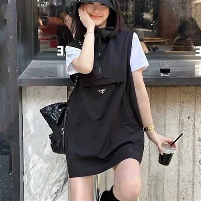 Spring Summer Hooded Waistcoat Dress Women 2024 New Fashion Loose Leisure Sleeveless Dress A Word Skirt Pure Colour 5XL Female - Seprincess