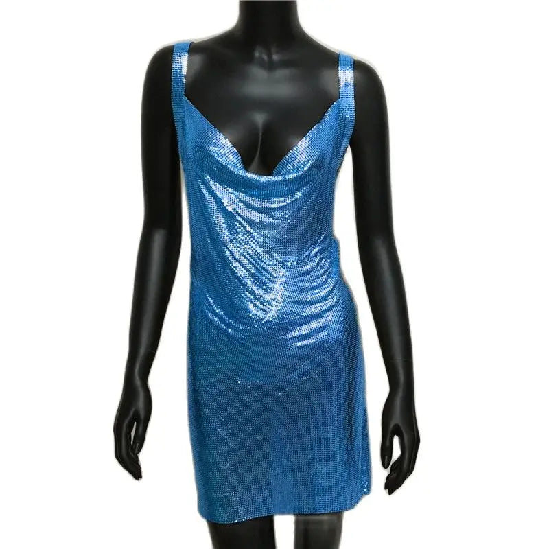 Sexy Metallic Sequin Mini Dress For Women Backless Cocktail Club Glitter Low Cut Halter Dress Rave Party Nightclub Dresses - Seprincess