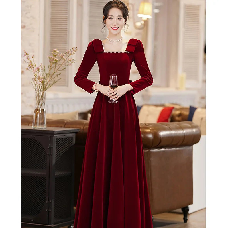 Burgundy Velvet Evening Dress Elegant Beaded Square Collar Engagement Dresses Temperament Bow Long Sleeve Formal Banquet Gown - Seprincess