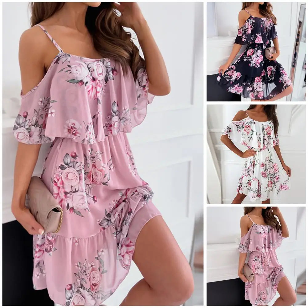 Trendy Mini Dress Flower Print Flounce Edge Colorful Above Knee Short Sleeve Women Dress  Female Dress Spaghetti Strap - Seprincess