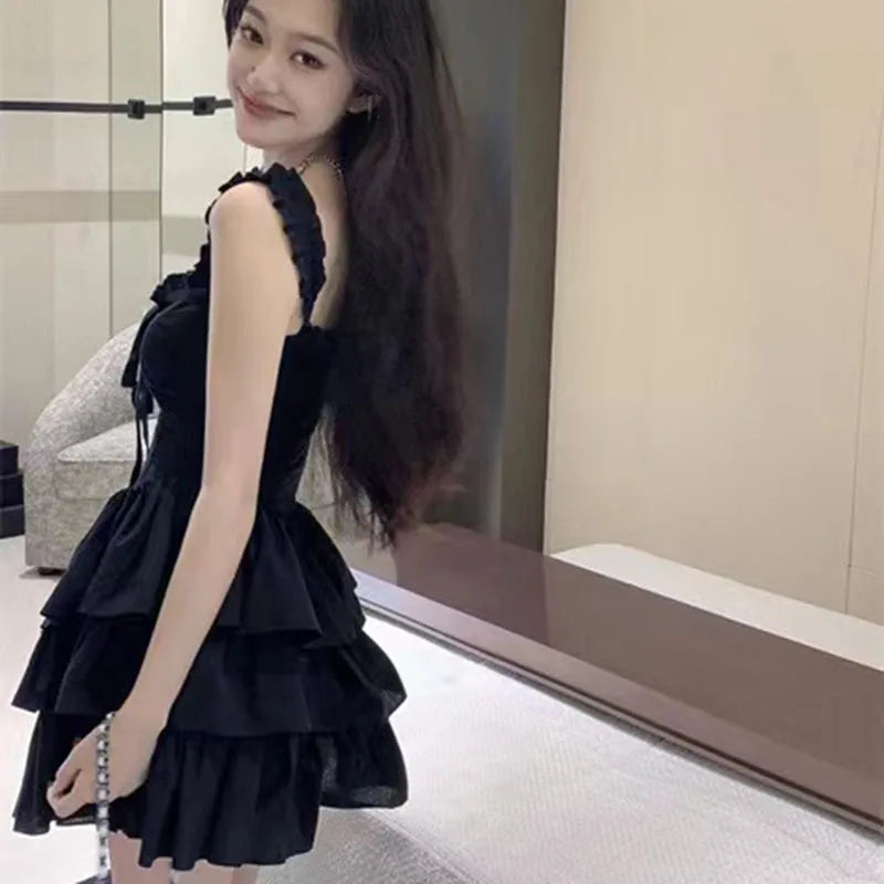 Gothic Black Sexy Slip Dress Y2K Harajuku Streetwear Punk Lace Up Cake Dress Female Summer Korean Fashion Party Ruffles Dresses - Seprincess