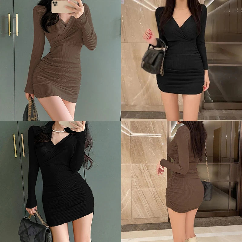 Long Sleeved Sexy Dress Women Clothing Autumn Winter Tight Fitting Skirt Appear Thin Wrap Buttocks Dresses - Seprincess