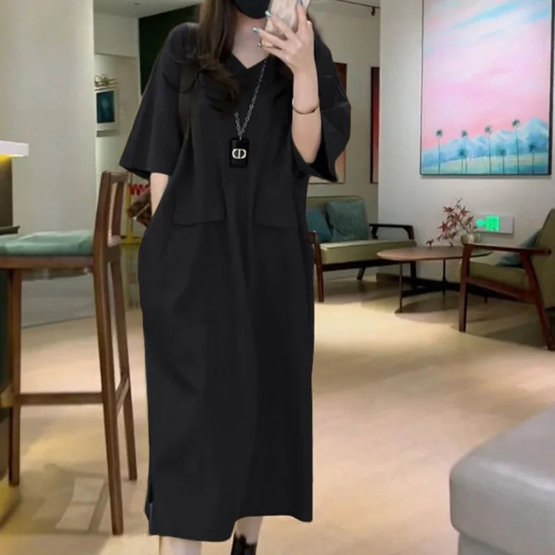 Fashion V-Neck Solid Color Spliced Pockets Loose Korean Long Dress Women's Clothing 2023 Summer New Oversized Casual Dresses - Seprincess