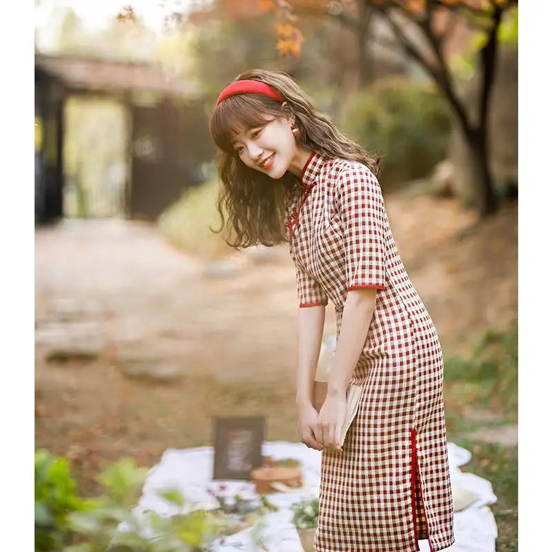 Plaid Cheongsam Young Girl 2024 Spring New Style Literary Elegant Retro Chinese Style Qipao Dress - Seprincess