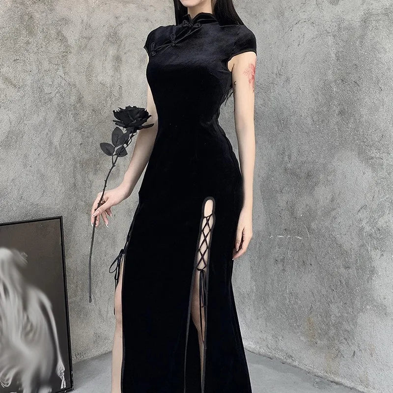 Chinese Retro Black Cheongsam Lady Elegant Evening Dresses Party Gothic Qipao Women High Split Bandage Sexy Oriental Long Dress - Seprincess