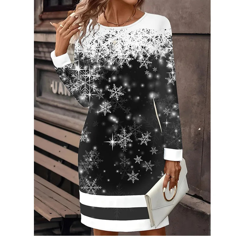 Women Christmas Party Dress 3D Funny Wine Christmas Element Printed Dress 2024 New Autumn Winter Long Sleeve O-neck Casual Dress - Seprincess