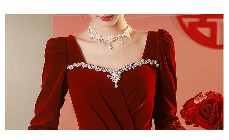 Burgundy Velvet Prom Dresses Square Collar Long Sleeve Pearl Crystal Long Engagement Dress Plus Size Female Formale Gowns - Seprincess