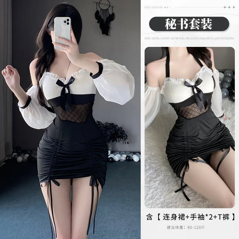 Sexy Female Secretary Chest Wrapping Drawstring Perspective Gauze Black White Splicing Puff Sleeve Bag Buttocks Dress Elegant NT - Seprincess