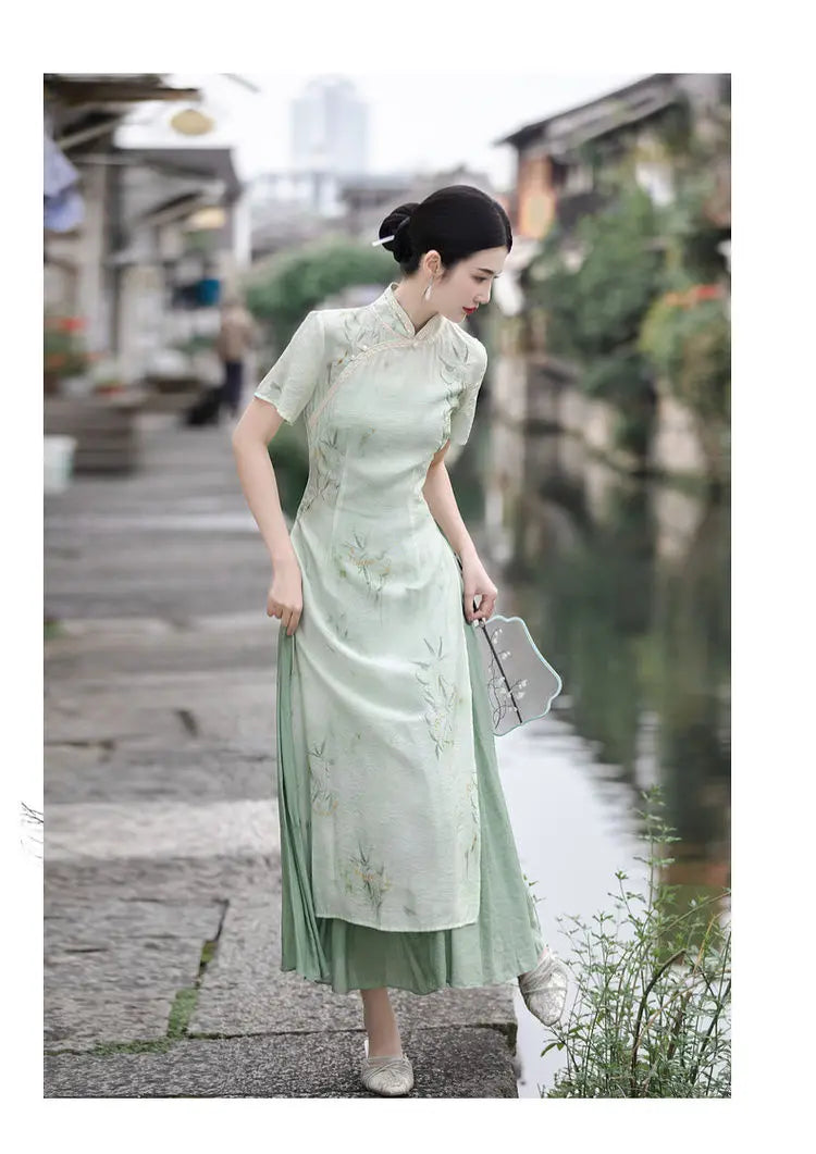 Retro Chinese Style Short Sleeve Qipao Two-piece Set Women New Chinese Style Green Improved Cheongsam Summer Long Dresses - Seprincess