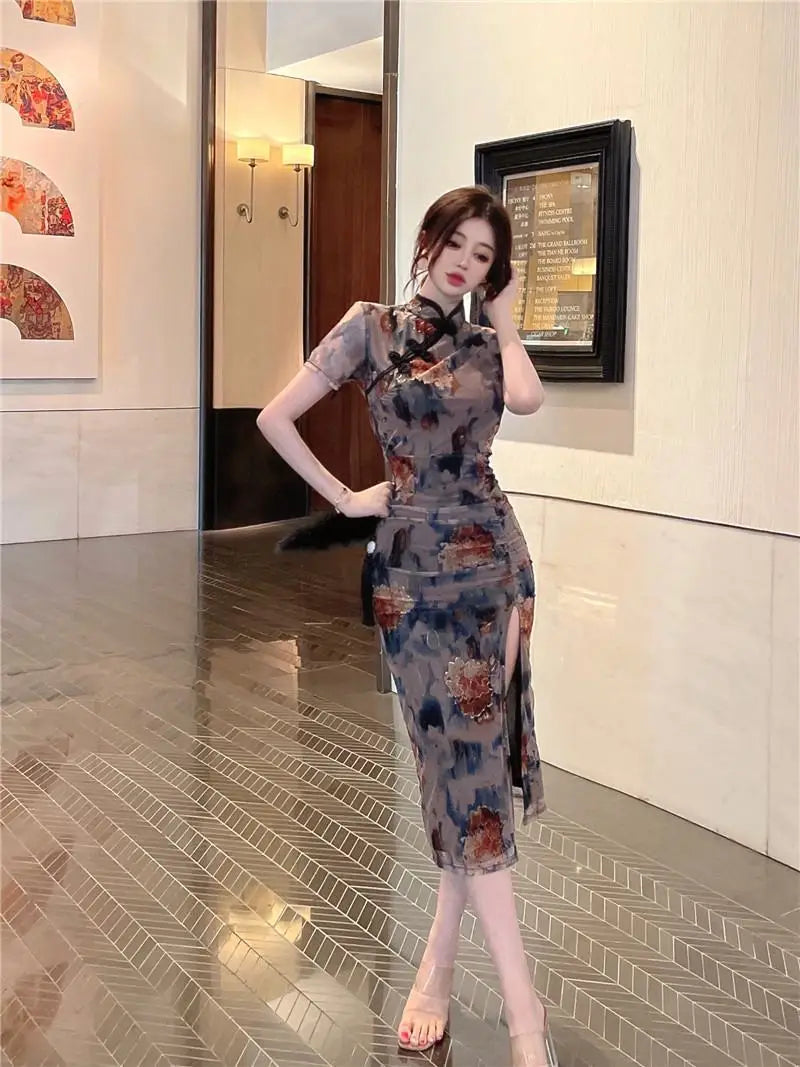 Retro Fenghua Color Imperial Sister Cheongsam Goddess Style Improved Qipao Women's Summer Slim Fit Show Body Slit Bag Dress - Seprincess