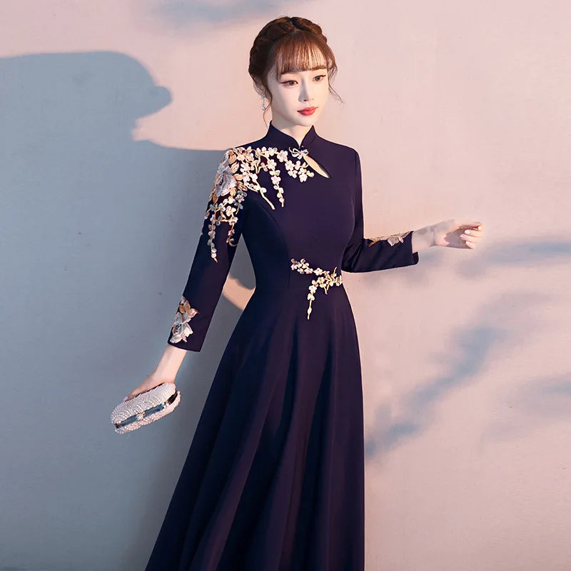 Women Chinese Long Qipao Evening Party Dress Embroidery Applique Vestidos Pleated Dress Elegant Long Sleeve Cheongsam Prom Dress - Seprincess