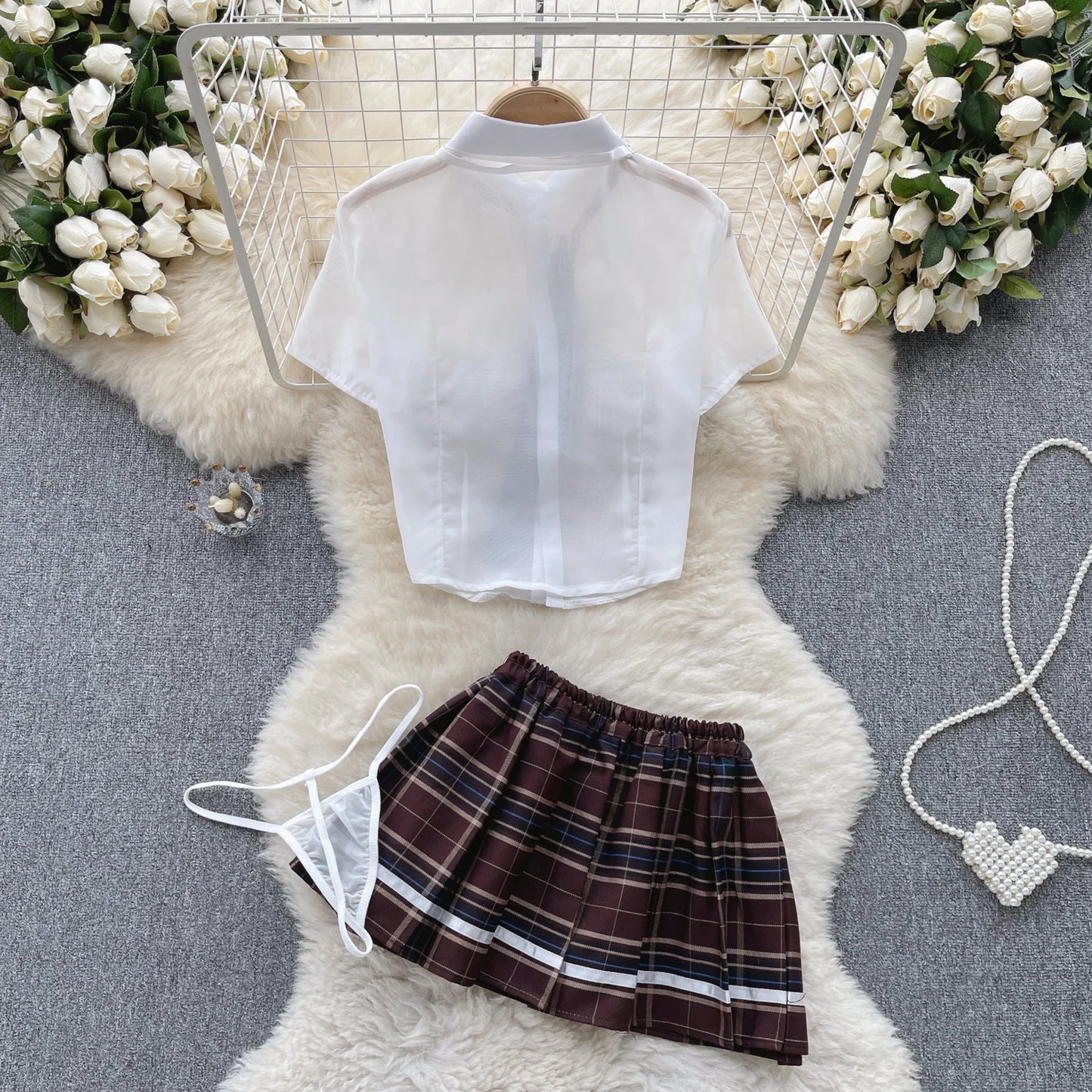 SINGREINY Plaid JK Uniform Erotic Suits Lingerie Female Short Sleeve Blouses+Pleated Skirts Suits Women Cosplay Sheer Sexy Sets - Seprincess