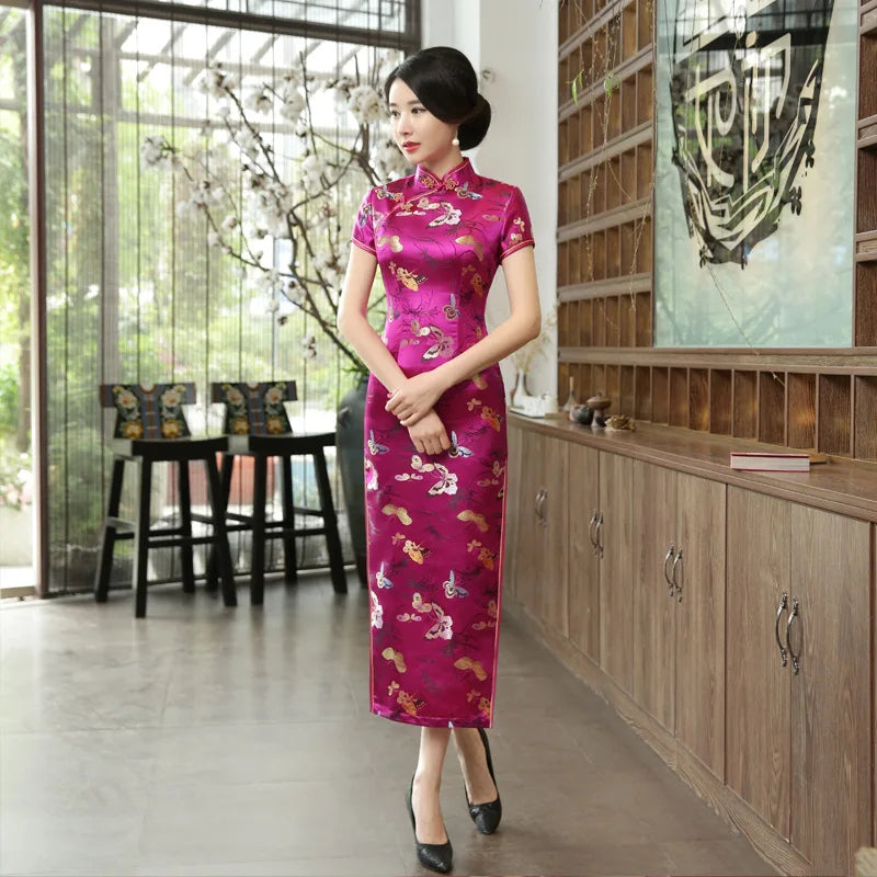 Short Sleeve Long Qipao Purple Brocade Satin Cheongsam Female Sexy Butterfly Flower Qipaos Chinese Style Banquet Gown Vestidos - Seprincess