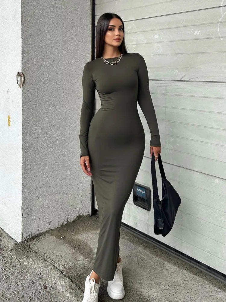 Classic Black Dress Round Neck Long-sleeved Elegat Dresses For Women Tight-fitting Hip-hugging Slim Sexy Long Dress For Women - Seprincess