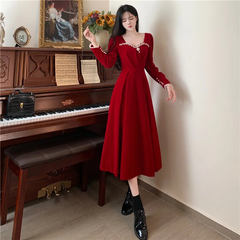 Burgundy Velvet Prom Dresses Square Collar Long Sleeve Pearl Crystal Long Engagement Dress Plus Size Female Formale Gowns - Seprincess