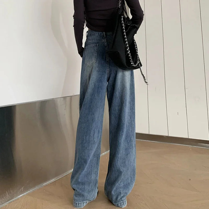 2024 Woman High Waist Vintage Baggy Jeans Lady Streetwear Wide Leg Pants Female Fashion Gray Blue Grey Light Blue Denim Trousers