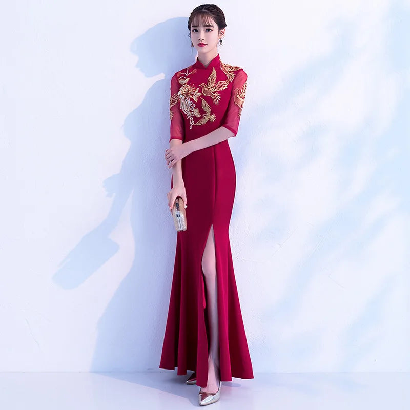 Women Elegant Mandarin Collar Bridal Wedding Dress Sexy Slim Front Split Novelty Cheongsam Exquisite Appliques Trim Long Qipao - Seprincess