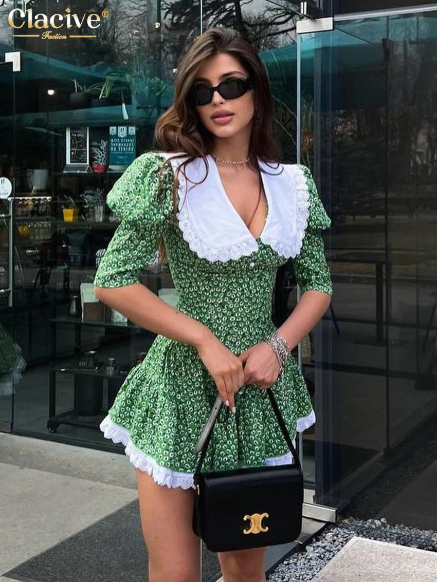 Clacive Summer Slim Print Women'S Dress 2023 Bodycon Doll Collar Short Sleeve Mini Dresses Elegant Lace Patchwork Female Dress - Seprincess