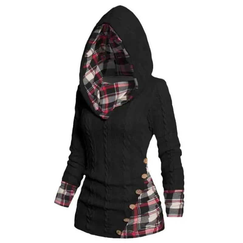 2024 Autumn Winter Chic Plaid Hooded Dress Women Knit Sweater Long Sleeve A Line Style With Trendy Splicing Perfect Casual Wear - Seprincess