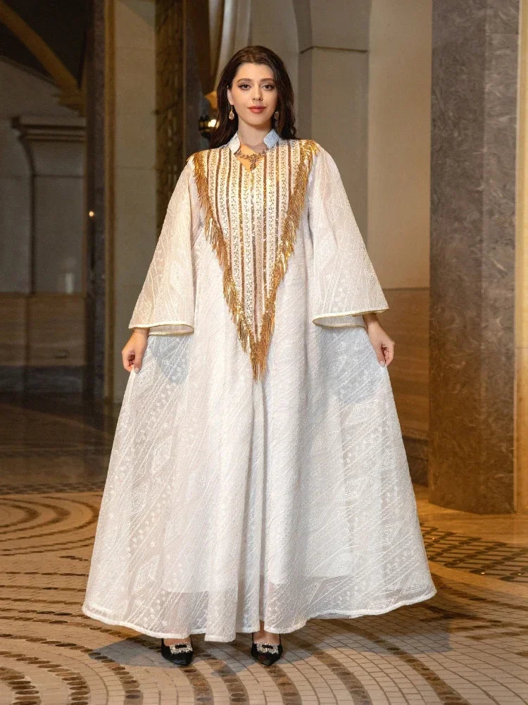 Morocco Party Dress for Women Muslim Abaya Mesh Sequins Jalabiya Dubai Abayas Kaftan Abaya Islam Vestidos Arab Long Robe Autumn - Seprincess