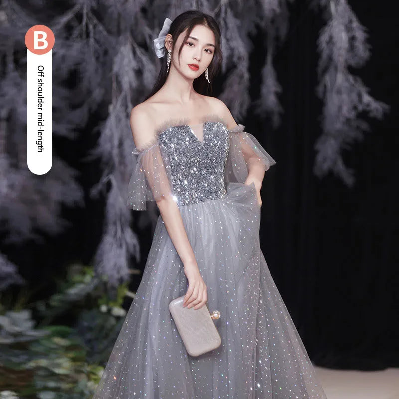 Grey Bridesmaid Evening Dress Women Off Shoulder Sequins Wedding Party Vestidos Fairy Temperament Sisters Group Gown Summer - Seprincess