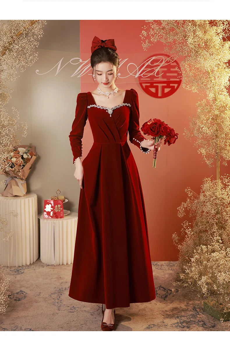 Chinese Style Female Qipao Evening Party Dress Velvet Long Sleeve Formal Party Dress Chongsam Sexy Rhinestone Marriage Dress - Seprincess