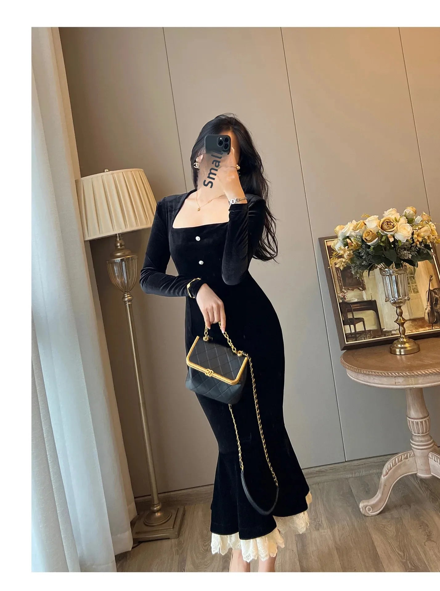 Elegant French Haban Style Fish Tail Skirt Spring Autumn Soft High Class Square Collar Long Sleeve Black Velvet Long Dress - Seprincess