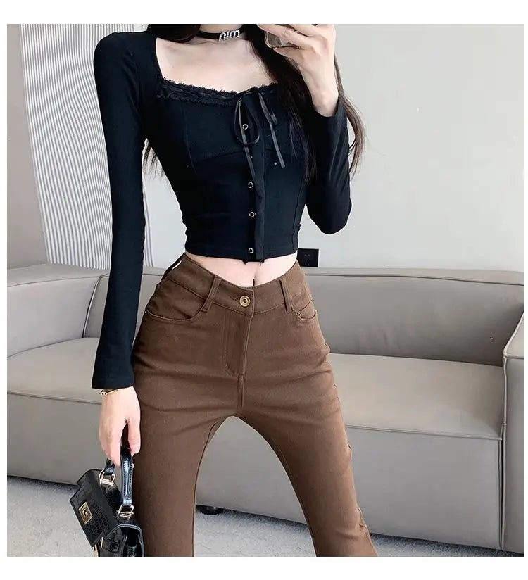 Micro-boot jeans brown buttoned design women's autumn and winter new high-waisted slim straight-leg floor mopping pants