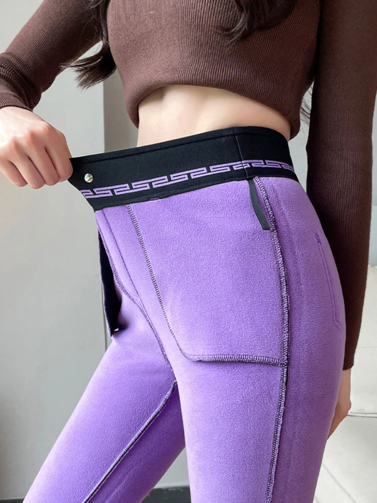 Women’s Winter Pants Thicken Fleece Slim Stretch High Waist Warm Thermal Leggings Pocket Sweatpants Women Velvet Pencil Pants