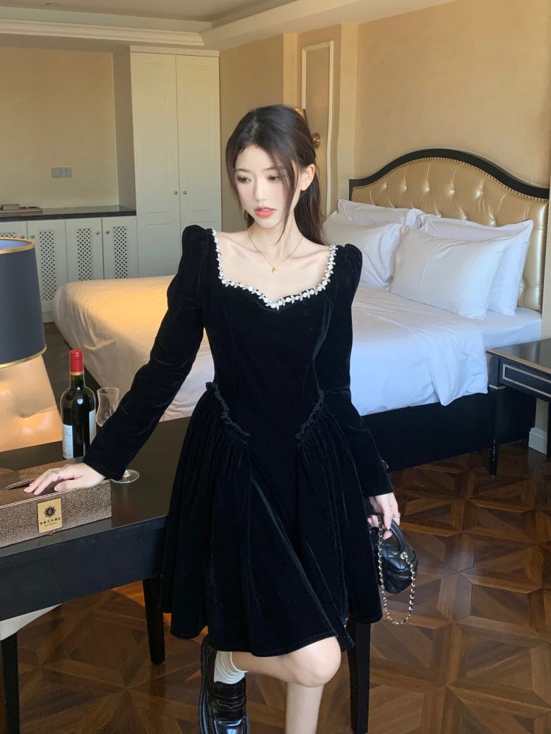 Vintage Evening Party Velvet Dresses for Woman Elegant Fashion Wedding Birthday Prom Long Sleeves Female Clothing Black Robe - Seprincess