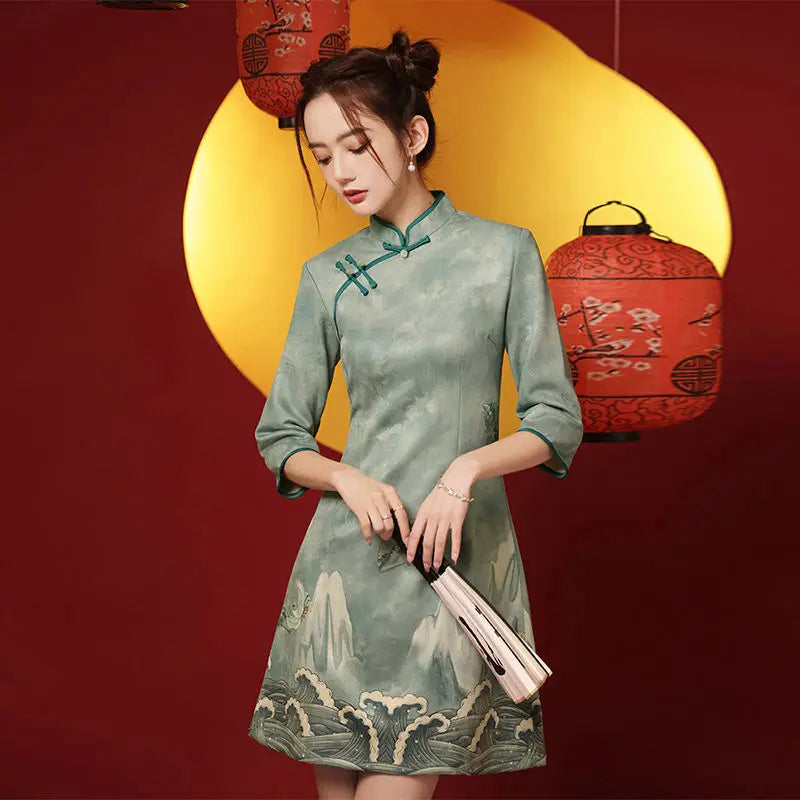 2024 Spring Cheongsam Traditional Chinese Qipao Costume Trendy Short Vintage Dress Sexy Women Modern New Year Dresses New - Seprincess