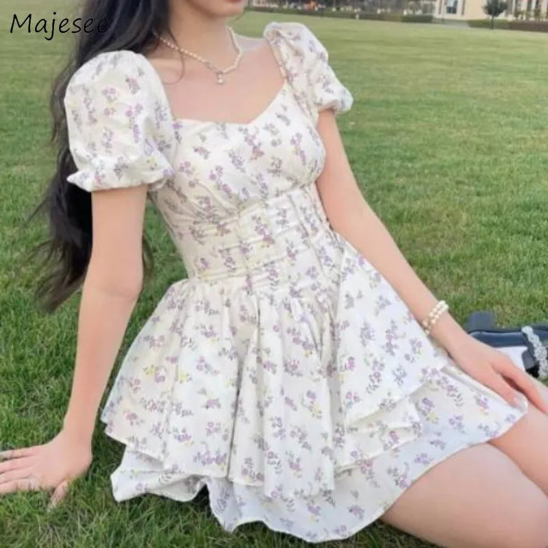 Preppy Style Dresses for Women Lovely Girls Fashion Floral Design Mini Sweet Chic Korean Young Summer Clothing All-match Casual - Seprincess