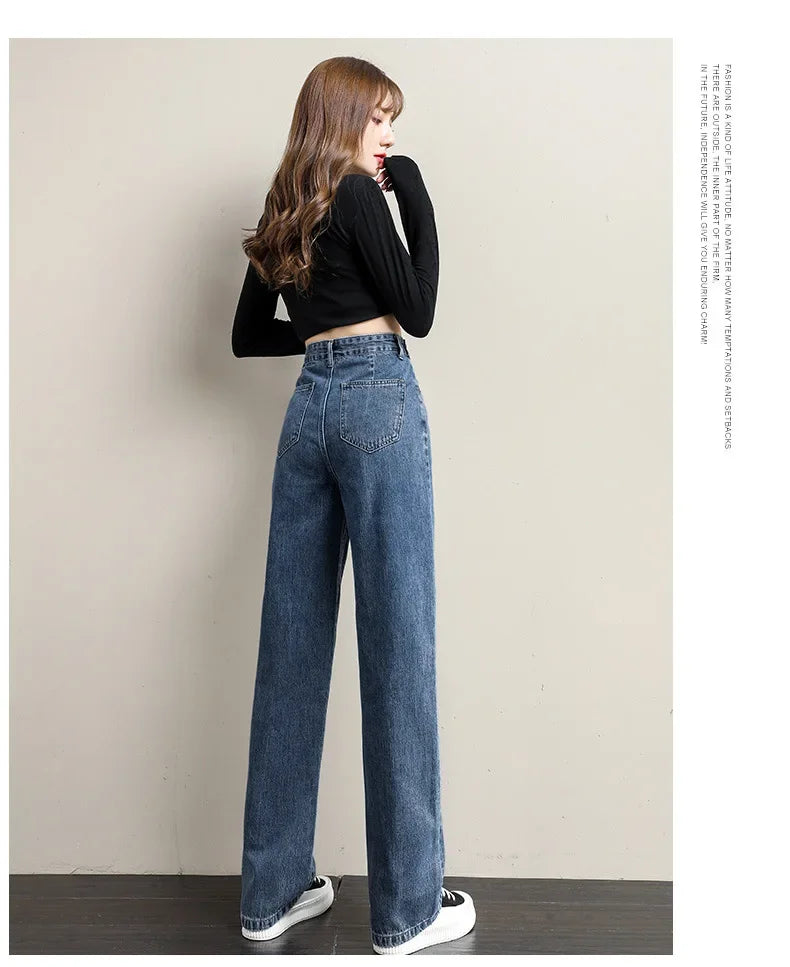 Multi-Button Wide-Leg Women's Jeans New Style Adjustable High-Waisted Straight-Leg Long Pants Loose Fit Niche Style