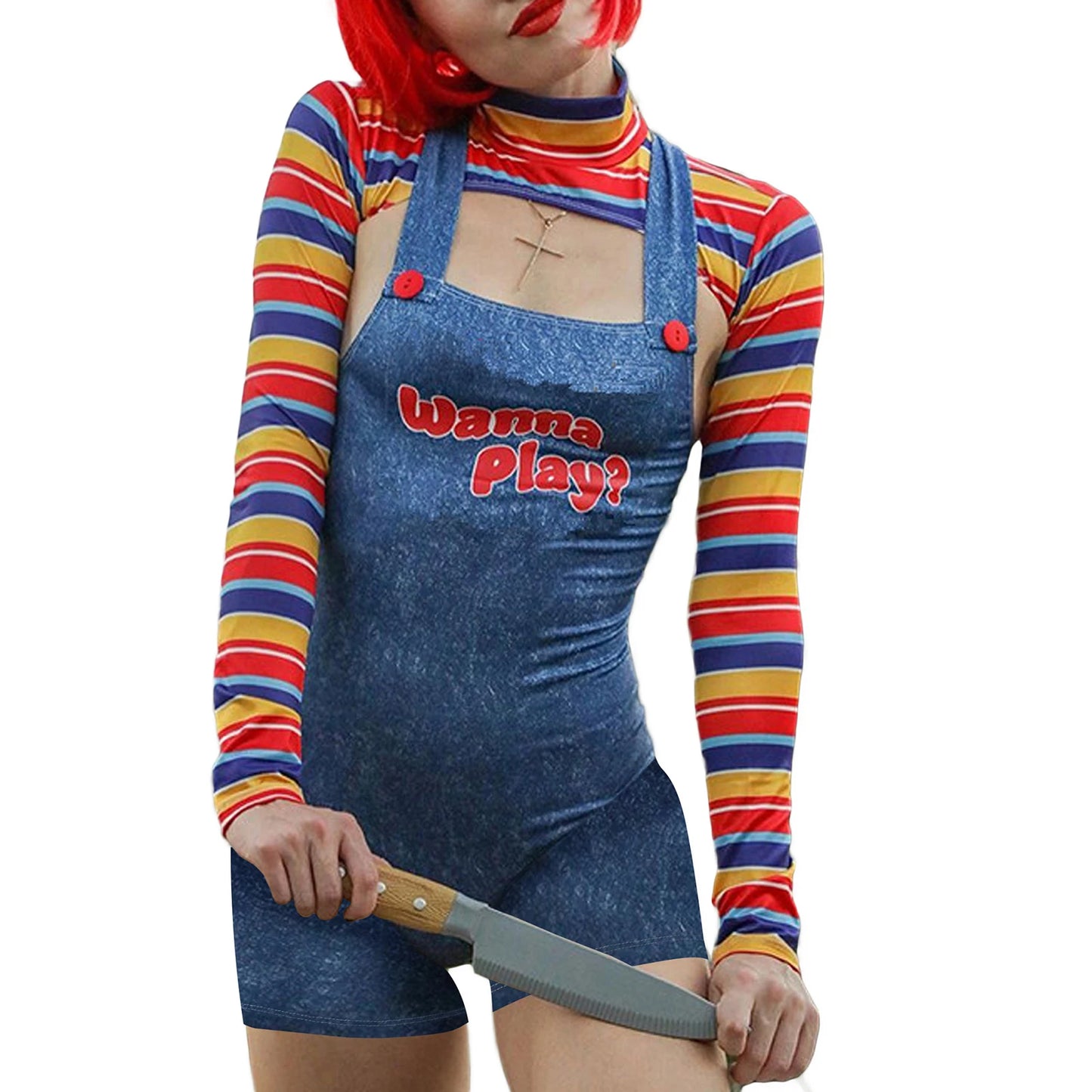 Women 2 Pcs Halloween Costumes Scary Nightmare Killer Doll Wanna Play Movie Character Bodysuit Chucky Doll Cosplay Costume Set - Seprincess