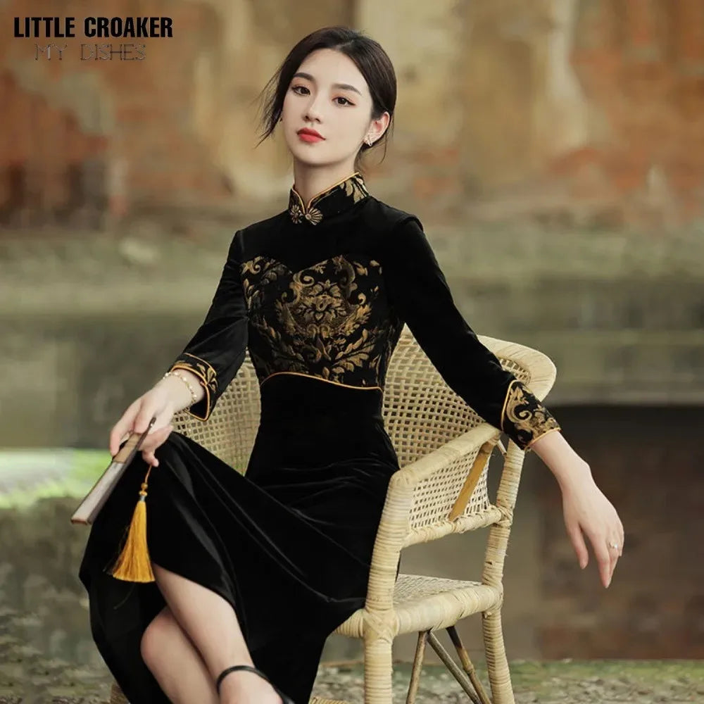 Women Qipao 2023 New Autumn Golden Velvet Long Cheongsam Sleeved High End Elegant Retro Style Cheongsam Long Sleeve Qipao Dress - Seprincess