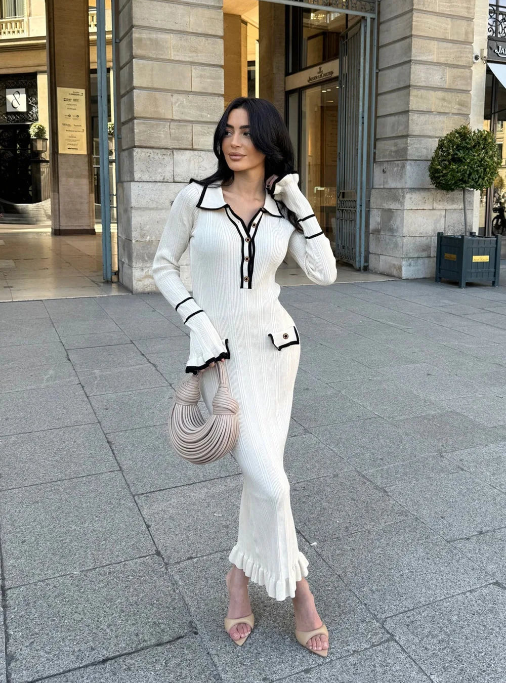 Women Casual Ruffled Knitted Long Sleeve Dress Lapel Buttoned French Slim Long Dress Warm Comfortable Dress Autumn Winter wear - Seprincess