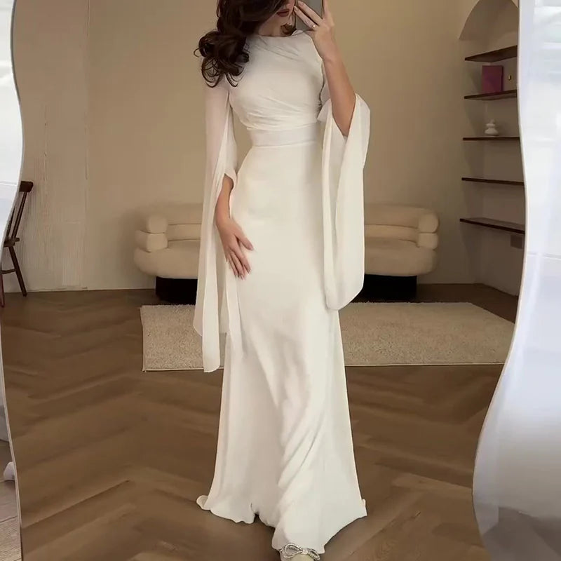 Fashion Satin Solid Robe Dress Ladies Temperament O-neck Slim Evening Dress Elegant Batwing Sleeves High Waist Pleats Long Dress - Seprincess