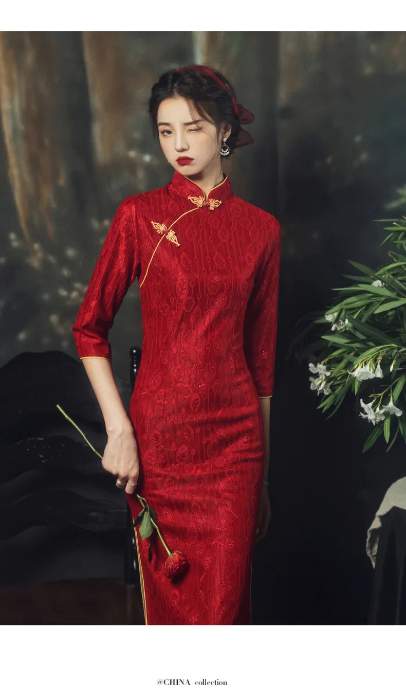 Chinese Style Long Dress Red  Slim Cheongsam Qipao Dress Wedding Party Hanfu Summer Lace - Seprincess