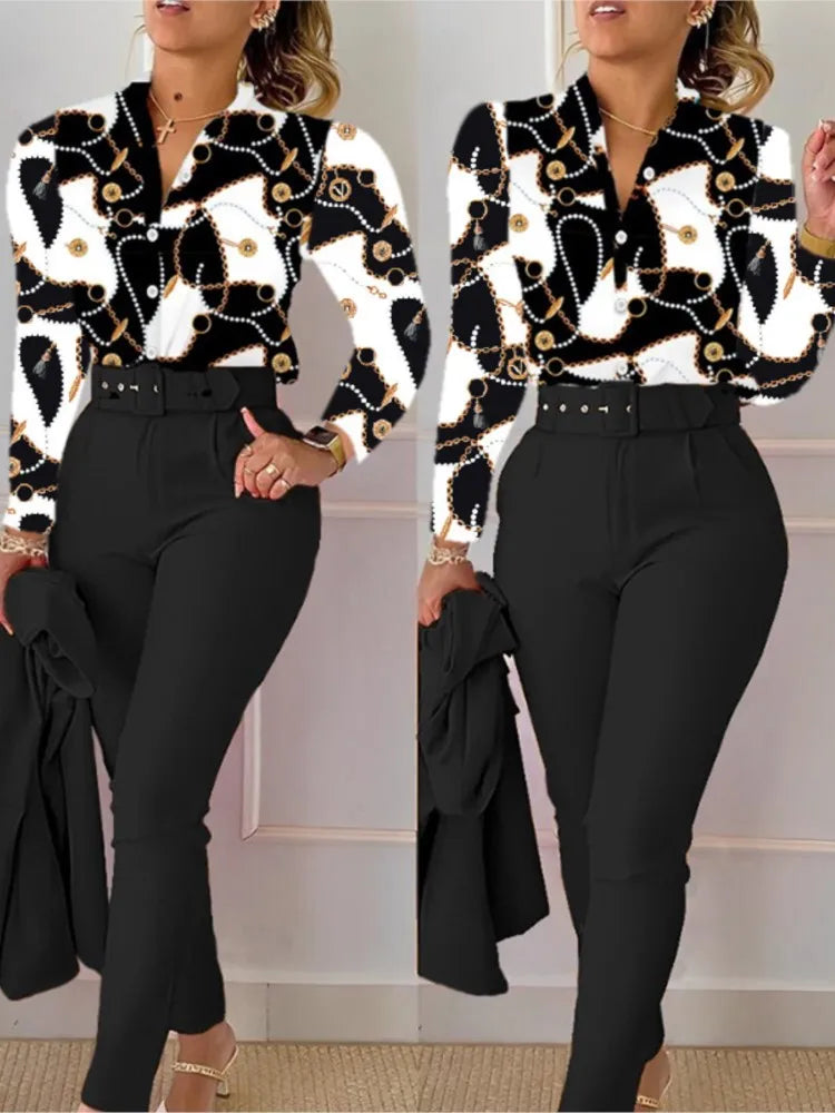 Elegant Women Printed Two Piece Suit Sets Spring Autumn V Neck Long Sleeve Shirt Top & Long Pants Set With Belt Workwear Outfits - Seprincess