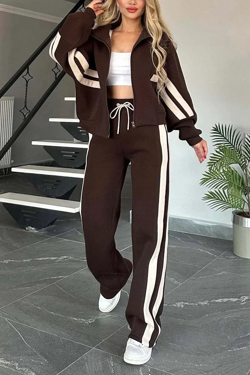 Y2K Striped Zipper Coat+sweatpants Two Piece Set Women Casual Batwing Sleeve Sports Jacket Outfits Autumn Winter Sweatshirt Suit - Seprincess